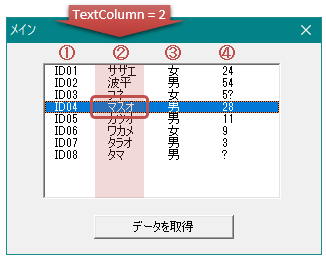 リストボックス 複数列の値リストで選択しているデータを、列指定してTextプロパティで取得（Excel VBA)